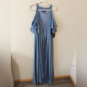 Lulu's Dusty Blue Maxi Dress with Ruffle Cold-Shoulder